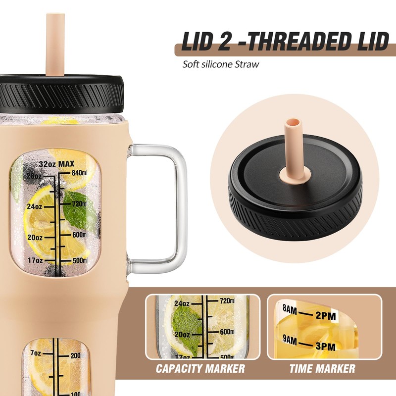 NOLOGLAZIC Glass Tumbler With Straw and 2 Lids, 32oz Glass