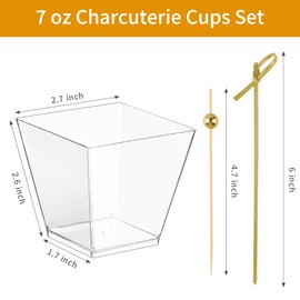 Zezzxu 50 Sets 7 oz Plastic Charcuterie Cups with 200 Sticks, Square Appetizer Cups with Cocktail Picks Mini Party Serving Cups for Fruit, Snack, Dessert