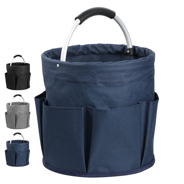 IHOMAGIC Storage Basket, Foldable Picnic Basket Bag Tote with PE Coating, Pure Cotton Tool Hamper For Storing Towels, Bath Balls, Shower Gel, Face Wash, Slippers, Tools, Sundries, Cutlery (Navy Blue)