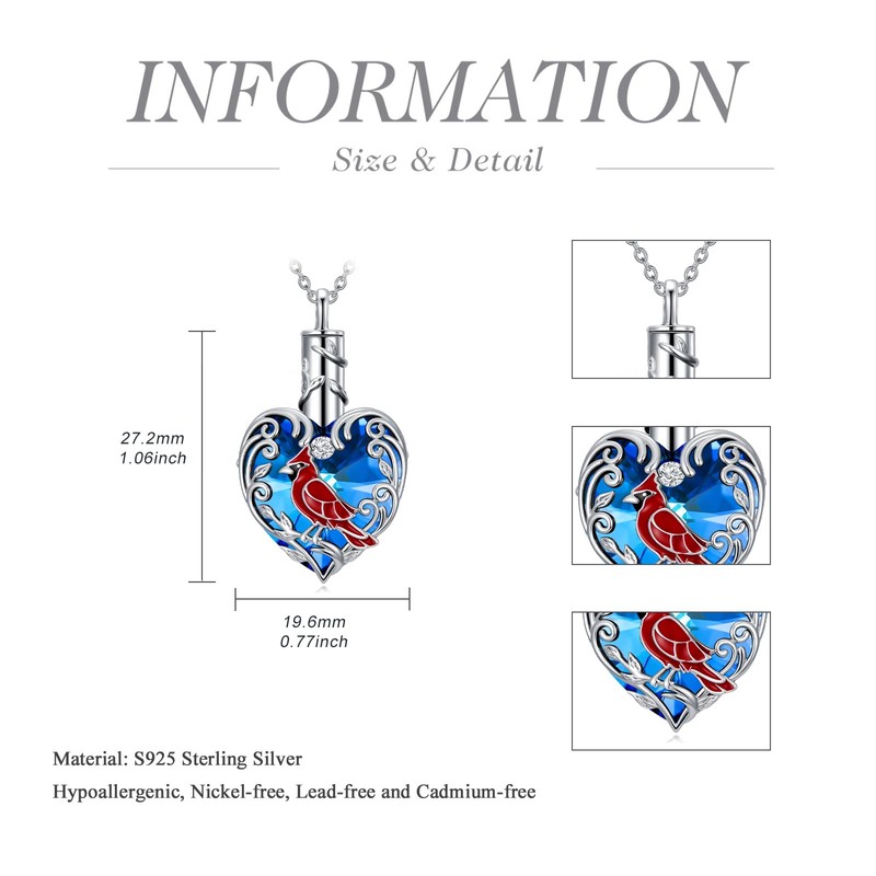 TOUPOP Cardinal Urn Necklace for Ashes Sterling Silver Heart Cremation