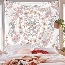 giteo bedding Wandteppich Wandbehang, Bohemian Pastell Floral Mandala Design, Hippie Wandteppiche für Schlafzimmer Schlafsaal Wohnzimmer Dekor Ästhetisch, Psychedelic Kunstwerk (130x150 cm)