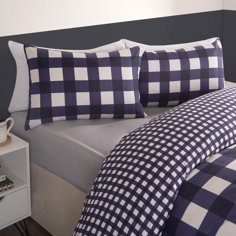OHS Gingham Bedding Blue, Single Duvet Covers Set Reversible Plaid