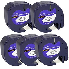 5 Compatible Dymo LetraTag 91201 / S0721610 (12mm x 4m) Black on White Plastic Label Tapes