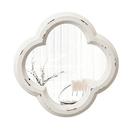 Sintosin Vintage Small Scalloped Wall Mirror Decorative 8.9 inch, Hanging Distressed White Rustic Quatrefoil Wooden Mirrors for Wall Decor Living Room, Farmhouse Clover Shape Floral Mirror
