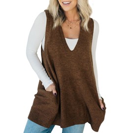 Saodimallsu Womens Sleeveless Sweater Vest V Neck Loose Knit Casual A Line Flattering Tunic Top with Pockets Brown