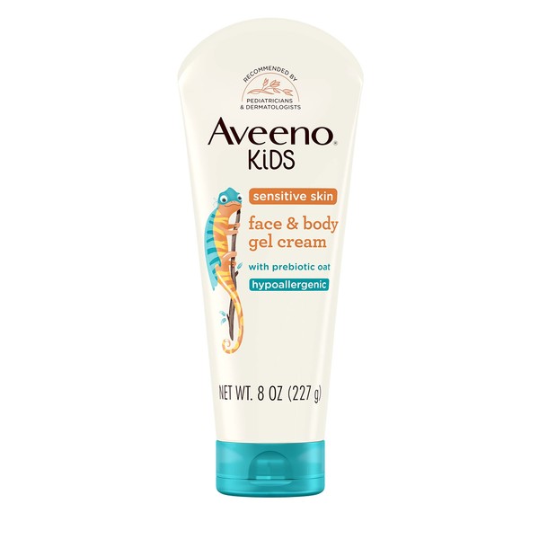 Aveeno Baby Sensitive Skin Face & Body Gel Cream for Kids with Prebiotic Oat, Clinically Proven 24 Hour Hydration for Soft Skin, Quick Drying and Lightweight, Hypoallergenic, 8 oz