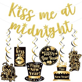 Gold Glitter Kiss Me At Midnight Banner with Hanging Swirl for Happy New Year Decorations 2026 New Years Eve Party Supplies 2026 New Years Eve Banner