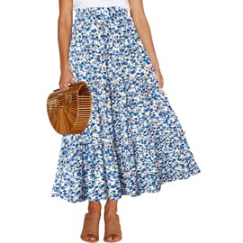 Afibi Womens High Waist A Line Ruffle Swing Long Maxi Skirt with Pockets (Large, White Blue)