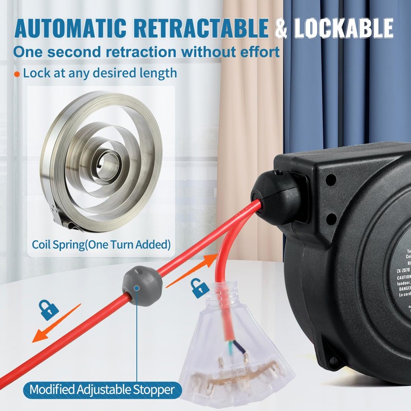 VEVOR Retractable Extension Cord Reel, 30 FT, Heavy Duty 16AWG/3C
