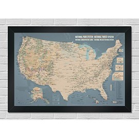 NPS x USFS x BLM x FWS Interagency Map 24x36 Poster: National Park System, National Forest System, National Wildlife Refuge System, BLM National Conservation Lands (Tan & Slate Blue | Black Frame)