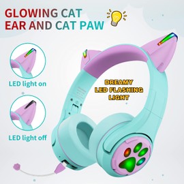 Riwbox Kids Bluetooth Headphones, CF9 Cat Ear Headphones with LED Light, Boom Mic&Built-in Mic for Calls, 85dB Volume Limited Kids Headphones Wireless&Wired for School Tablet PC Phones (Green)