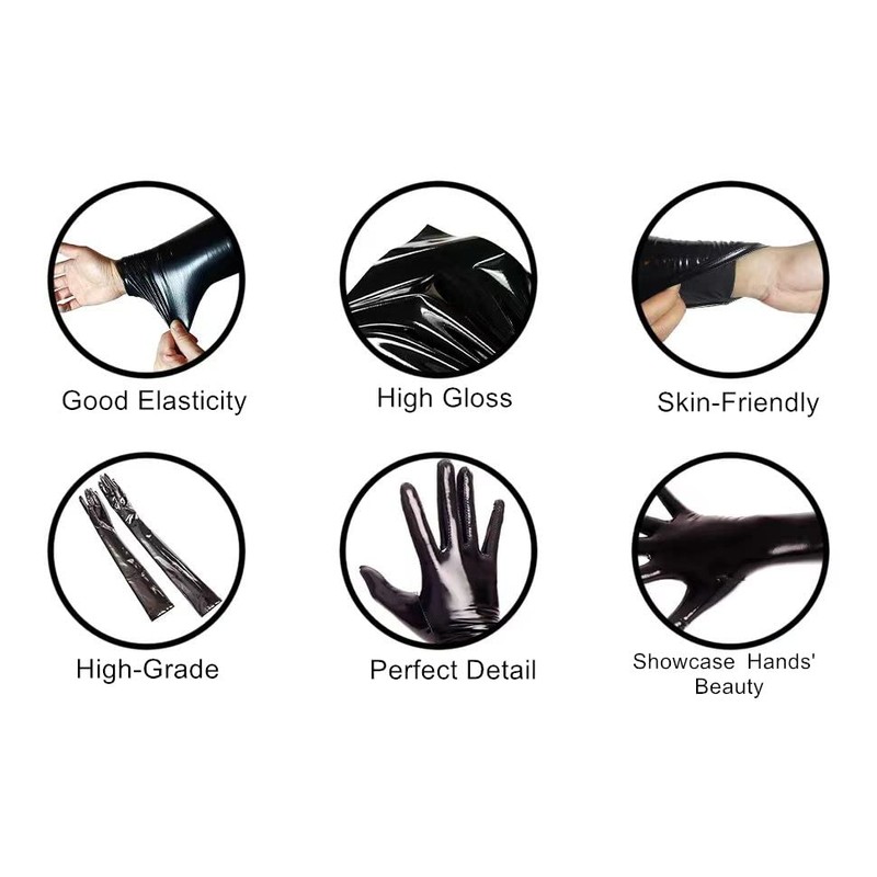 Ftshist Wet Look Gloves Black Shiny Arm Gloves Latex Leather