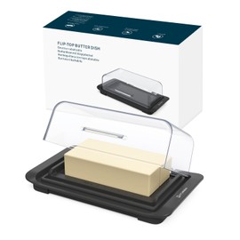 KITCHENDAO Airtight Flip-Top Butter Dish with Lid for Countertop and Refrigerator, Butter Keeper, Plastic Butter Holder Tray for 2 Sticks East Coast/West Coast/European Style/ Kerrygold Butter (Black)