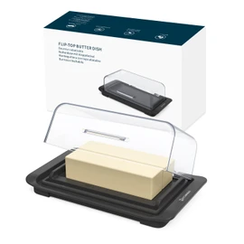KITCHENDAO Airtight Flip-Top Butter Dish with Lid for Countertop and Refrigerator, Butter Keeper, Plastic Butter Holder Tray for 2 Sticks East Coast/West Coast/European Style/ Kerrygold Butter (Black)