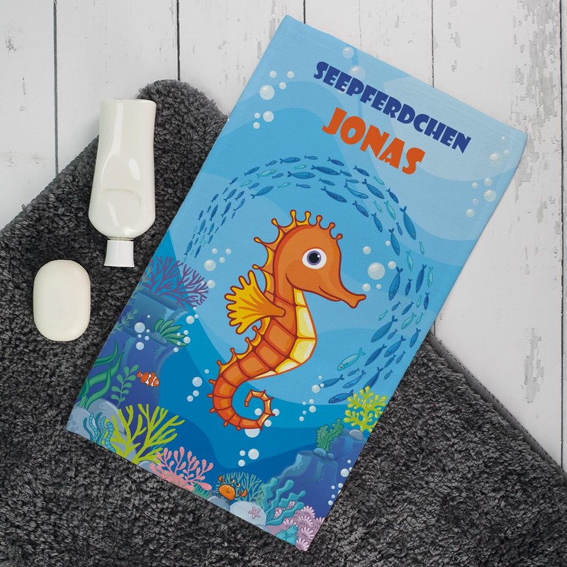 Herz & Heim Children's Beach Towel with Seahorse Motif, Name
