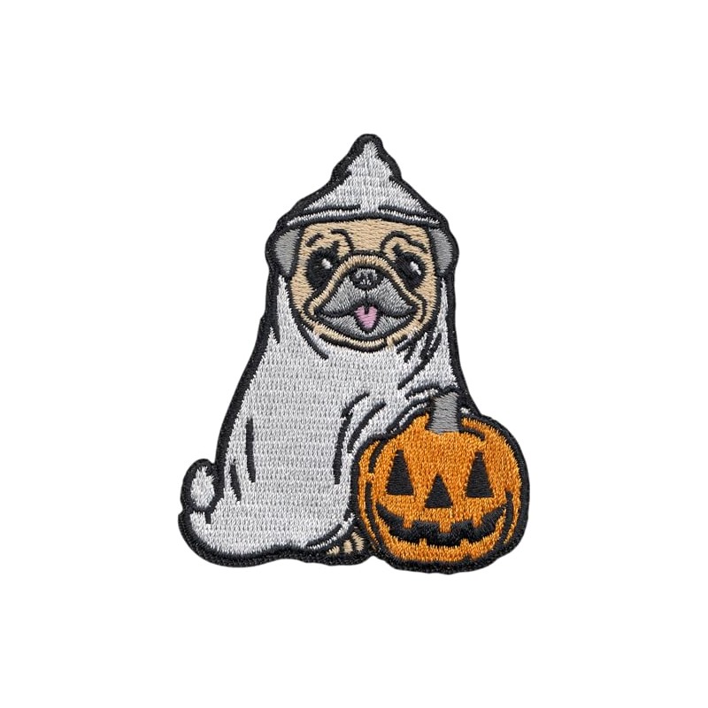 Dog - Pug Ghost with Pumpkin - Embroidered Iron on
