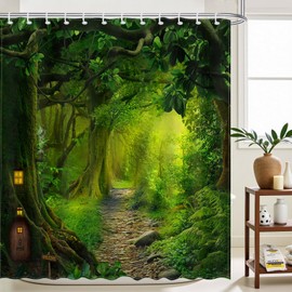 Avezano Forest Shower Curtain Nature Garden Enchanted Forest Scene Bathroom Shower Curtain Spring Green Tree Waterproof Fabric Shower Curtains Bathtub Decor with 12 Hooks 72 X 72 Inch