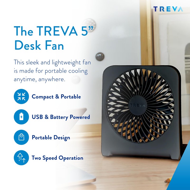 Treva 5-Inch USB and Battery Powered Desk Fan With Two