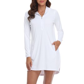 HDE Beach Coverups for Women UPF 50 Long Sleeve Swim Cover Up Dress with Hood, White, X-Large