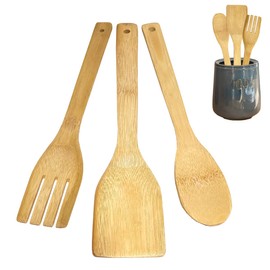Bamboo Wood Kitchen Utensils Set - Kit of 3 Kitchen Accessories Scratch Proof (Kitchen Scoop Wooden Spoon, Ladle) - Natural Bamboo Kitchen Tools