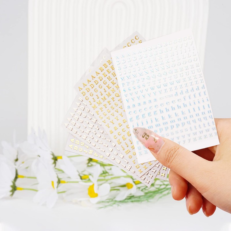 Chisafly Alphabet Small Gold Block Cursive Nail Stickers, Set of