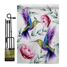 Hummingbirds In Flight Garden Flag Set with Stand Animals Bird Flamingo Hummingbird Cardinal Peacock Springtime Natural Wildlife Small Gift Yard House Banner Double-Sided Made USA 13 X 18.5