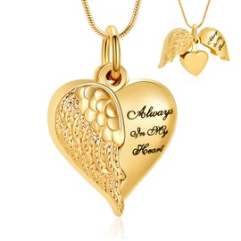 Angel Wing Heart Urn Necklaces for Ashes Memorial Keepsake Pendant for Women Men Cremation Jewelry (A-Gold)