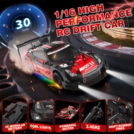 Remote Control Car 1:16 Scale RC Drift Cars 2.4Ghz 4WD 30KM/H High Speed Race Cars with LED Lights Drifting Tires 2 Rechargeable Batteries RC Sports Car for Kids Boys Girls Adults Party Birthday Gift