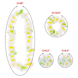 PHOGARY 7 Pack Hawaiian Flower Leaf Hula Skirt Costume Accessory Kit for Hawaii Luau Party - Dancing Hula with Hawaiian Lei, Hibiscus Hair Clip, Pineapple Sunglasses for Boys Girls (Green + White)