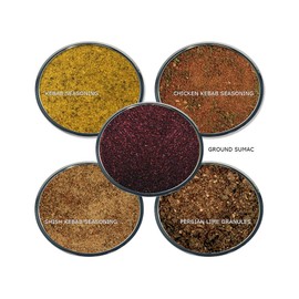 Kebab Seasoning Spice Gift Set- Contains: 5 different spices in jars (1 each of: Chicken Kebab, Kebab, Shish Kebab, Ground Sumac and Persian Lime Granules.)