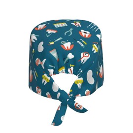 Dental Dentist Teeth Tooth Dentistry Working Cap Scrub Cap with Sweatband Adjustable Unisex Women Tie Back Hat Nurse Surgical Caps