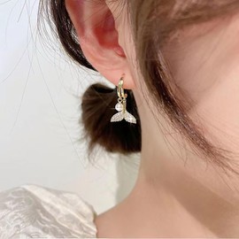 Sttiafay Boho Crystal Pearl Dangle Earrings Cz Mermaid Tail Stud Earrings Gold Pearl Hoop Earrings Vintage Whale Tail Earrings Jewelry for Women