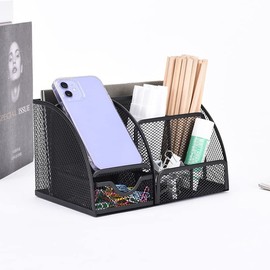 Moulaelos Desk Organiser, Pen Holder with Drawers, 7 Compartments, Multifunctional Desk Accessories, Pen Holder, Mesh Metal Office Organiser for Office, School (Black)