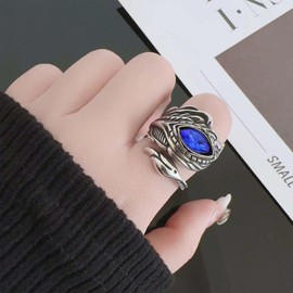 Aneneiceera Vintage Feather Crystal Eye Ring Silver Feather Band Rings Blue Cz Eye Finger Rings Wide Eye Feather Rings Adjustable Angel Wing Ring Jewelry for Women (Blue)