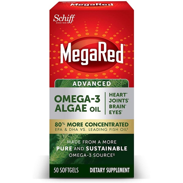 Omega-3 Advanced Algae Oil 600mg Softgels, MegaRed (50 Count in a Bottle), Omega-3’s for Heart, Joints, Brain & Eye Health*, EPA, DHA, Algae Oil, Vegetarian (Water is The only Substance Used.)