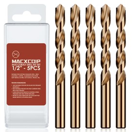 MACXCOIP 1/2" (5pcs) Cobalt Drill Bit Set, M35 High Speed Steel Jobber Length Drill Bit Kit for Hardened Metal, Stainless Steel, Cast Iron, Wood and Plastic, with Index Storage Case