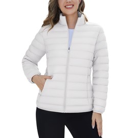 TACVASEN Women Puffer Jacket Stand Collar Quilted Lightweight Jackets Full-Zip Down Alternative Winter Coats with 4 Pockets White, L