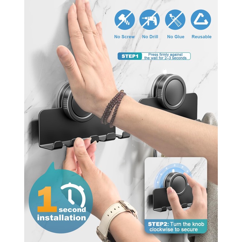 RIVAMBER Suction Cup Hooks, Razor Holder for Shower, Matte Black