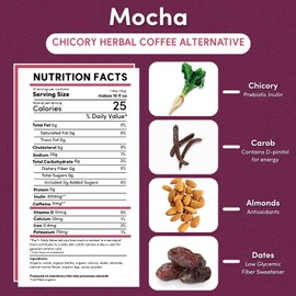Teeccino Mocha Chicory Coffee Alternative - 11 Ounce - Ground Herbal Coffee That’s Prebiotic, Caffeine-Free & Acid Free, Medium Roast