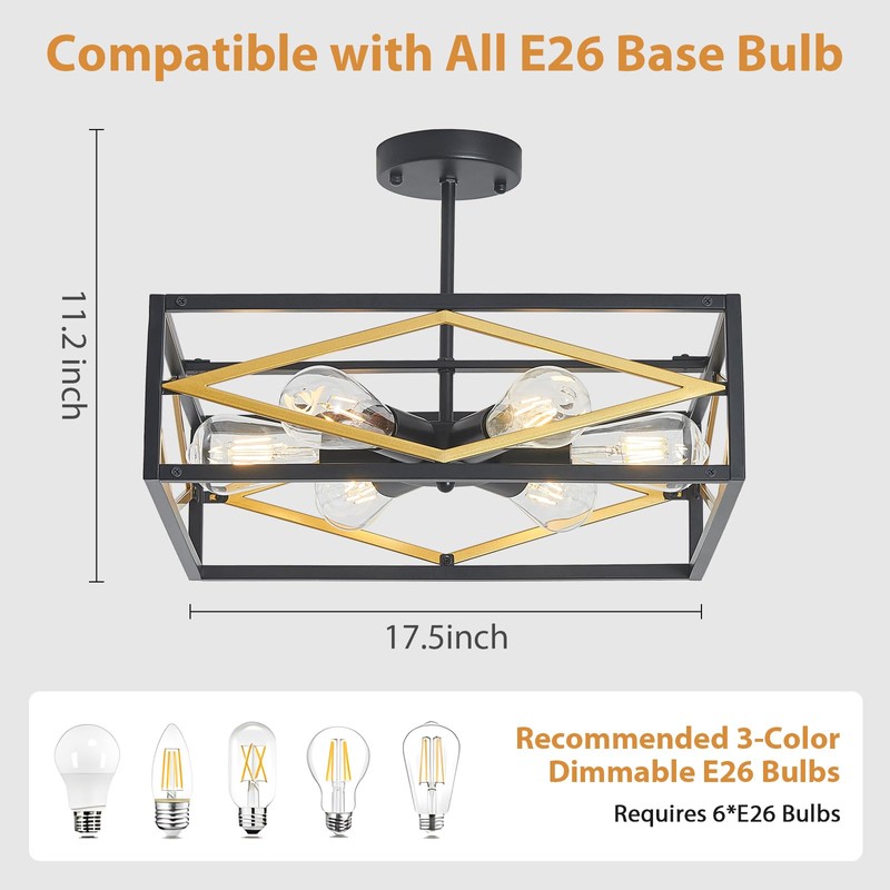 AIBISOD Semi Flush Mount Ceiling Chandelier Light Black and Gold