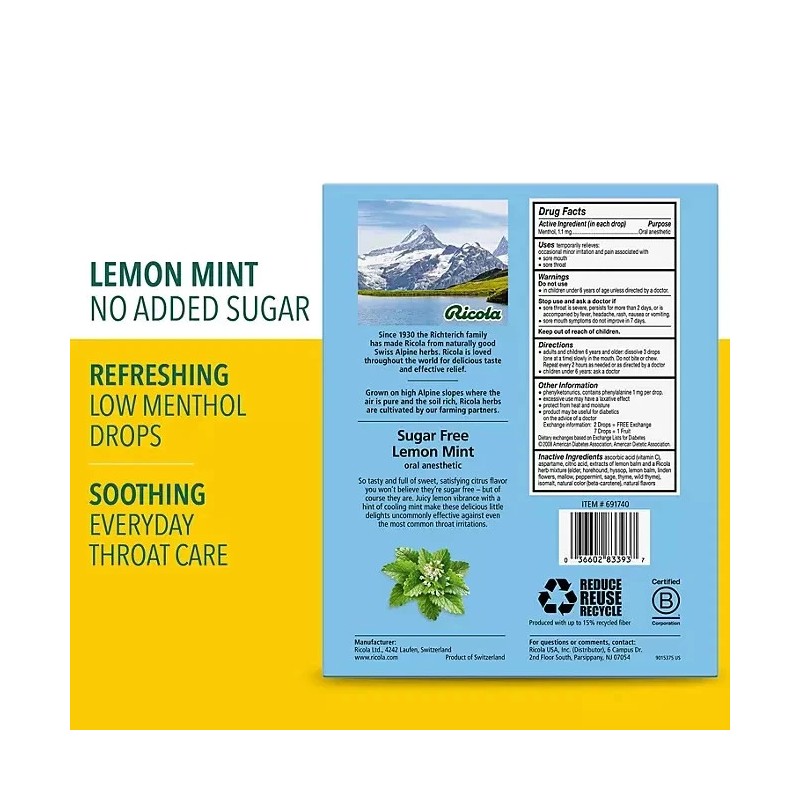Ricola 2 PACK - Ricola Sugar Free Lemon Mint Drops,