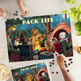 Lantern Press Painterly, Pack Life, Dogs Around Campfire, Sentiment, 1000 Piece Jigsaw Puzzle for Adults, Made in USA with Reference Poster