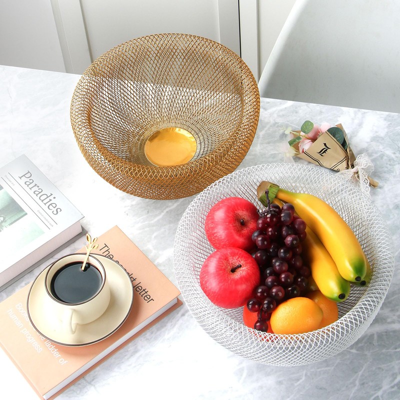IBWell White Metal Mesh Double-layer Fruit Basket, Large Round Storage