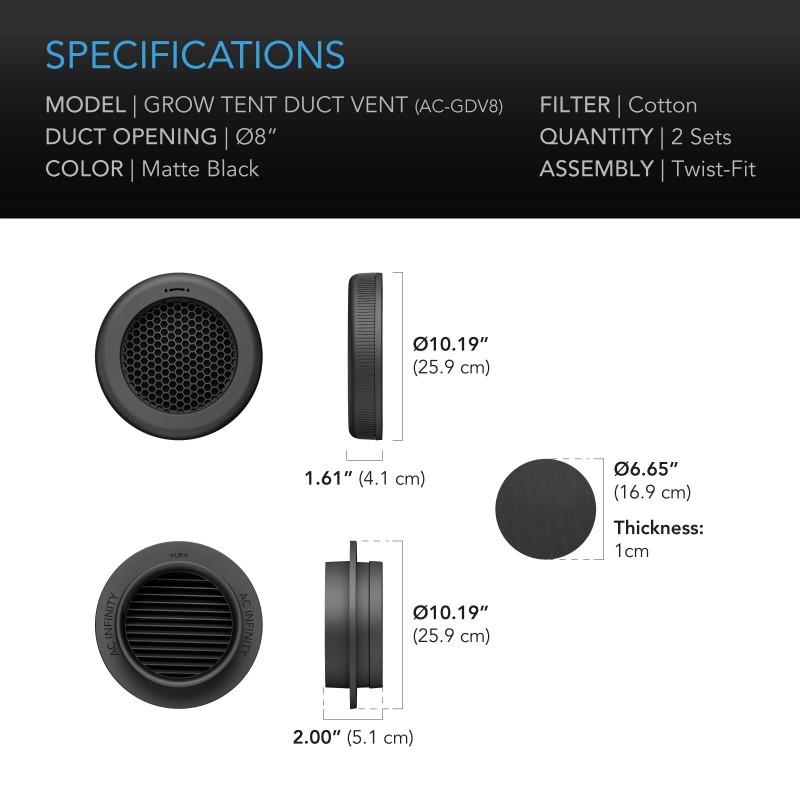 AC Infinity Grow Tent Duct Vent Attachment, 8-Inch 2 Pack,