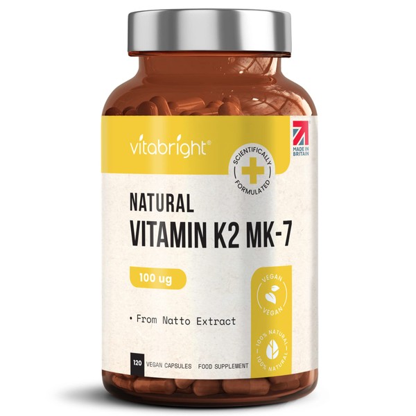 Vitamin K2 MK-7 - Optimal Strength 100mcg - from Natto - Sourced from Plant-Based Natural Ingredients - 120 Easy to Swallow Vegan Capsules (Not Tablets) - Menaquinone-7 - Made in UK by VitaBright