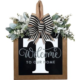 Last Name All Year Wreath Front Door Wreath,Front Porch Decoration 26 Letter Welcome Wreath, Eucalyptus and Bow Wreath for Spring, Summer, Autumn, Winter, Wall Window, Porch Farmhouse Decoration（T）