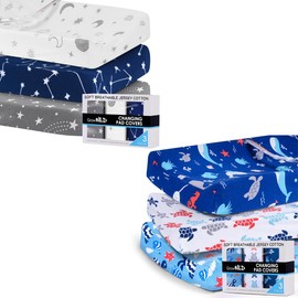 6 Pack Changing Pad Covers - Soft & Stretchy Jersey Cotton Diaper Changing Pad Covers - Blue Whale Ocean and Moon Stars Constellation Bundle