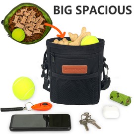 TRIPOLACO Dog Treat Pouch, Spacious Treat Pouches for Pet Training with Metal Clip, Waist Belt, Shoulder Strap& Poop Bag Dispenser, Durable Dog Treat Bag For Walking and Dog Training, Black