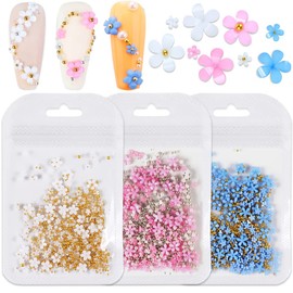 3D Flower Nail Charms, 3Bags 3D Acrylic Flower Nail Rhinestone with Sliver Gold Caviar Beads Pink White Blue Spring Nail Art Design Manicure DIY Nail Decoration for Women Girls