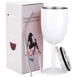 AMZUShome Stainless Steel Wine Glasses Cups.Double Walled Vacuum Insulated Wine Tumbler With Lid and Straw.Friendship,Christmas,Birthday Gifts for Women Men Friends Dad Mom(10oz White)